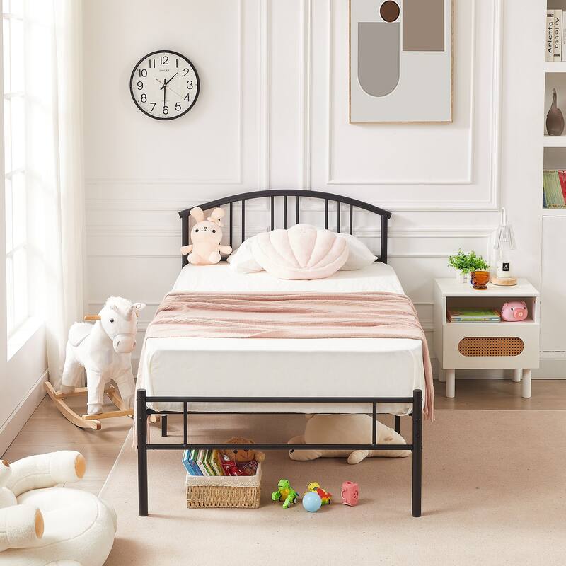 Modern Metal Bed Frames with Curved Headboard, No Box Spring Needed, Black - Twin