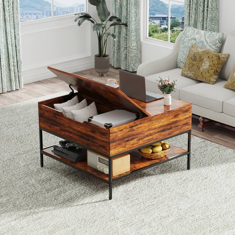 Anmytek Dark Walnut Black Metal Lift Top Coffee Table with Storage 31.5 Hidden Compartment