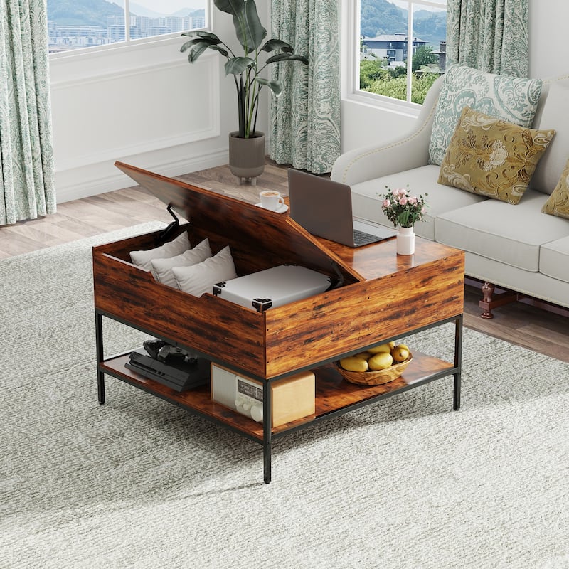 Flip-Top Coffee Table with Storage - Dark Walnut Hidden Compartment - Easy Assembly Living Room Table