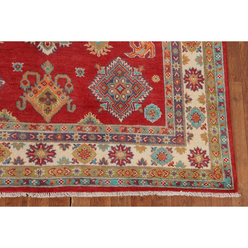 Red Geometric Kazak Area Rug Handmade Traditional Wool Carpet - 5'6" x 7'9"