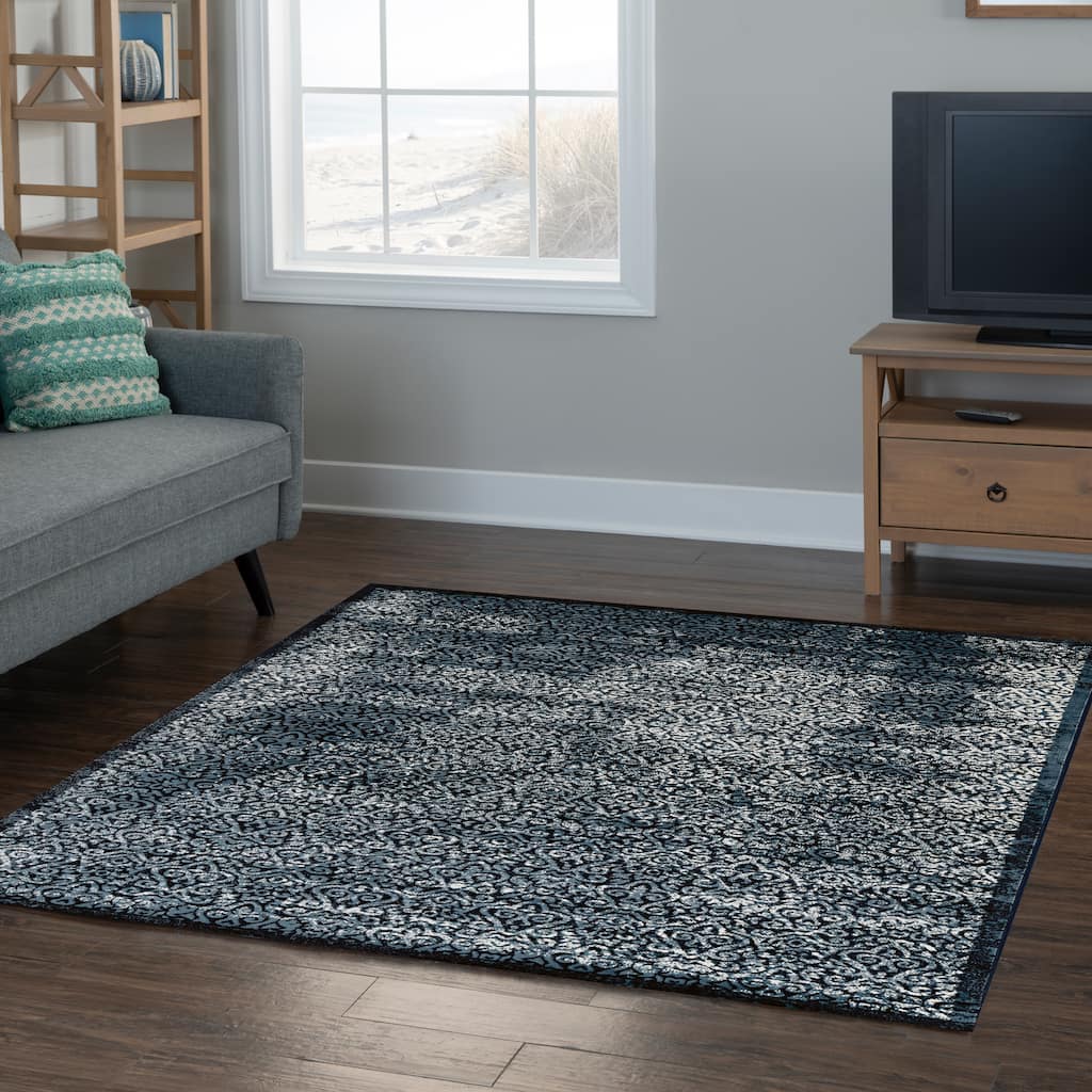 Linon Vintage Collection Illusion Navy Blue Classic Area Rug