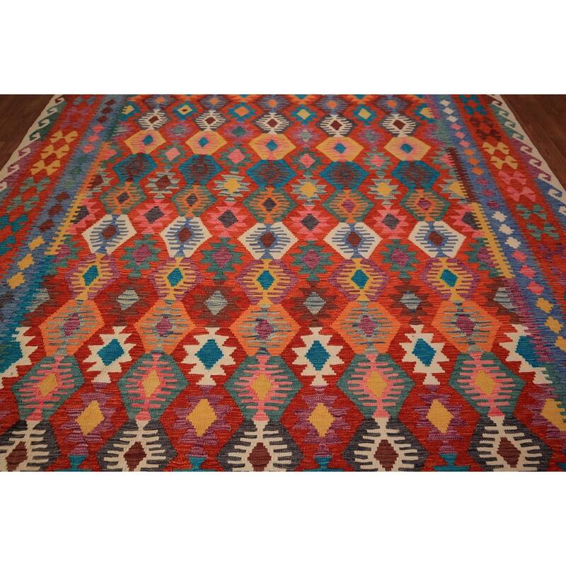 Reversible Kilim Area Rug Flatweave Geometric Wool Carpet - 8'7" x 11'4"