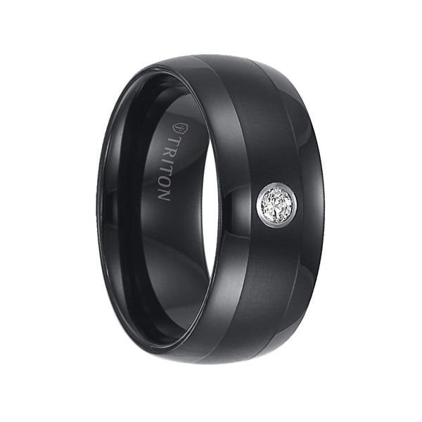 Olin Domed Black Tungsten Wedding Band Satin Finished Center Olin Domed Black Tungsten Wedding Band Satin Finished Center With White Diamond Setting By Triton Rings