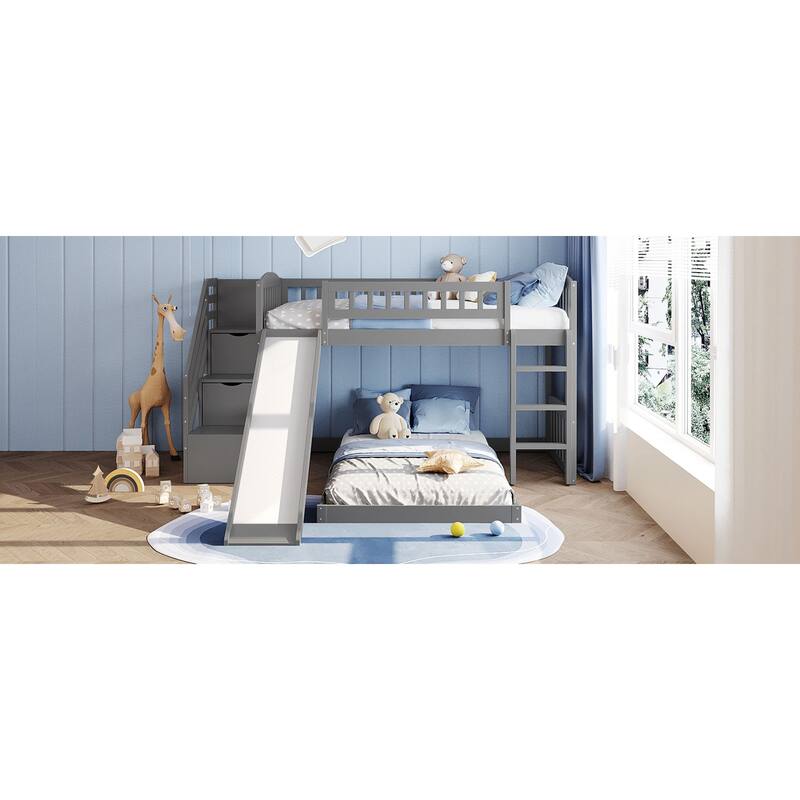 Roomfitters Stairway Twin Over Twin Bunk Bed with Slide and Storage Drawers, Grey