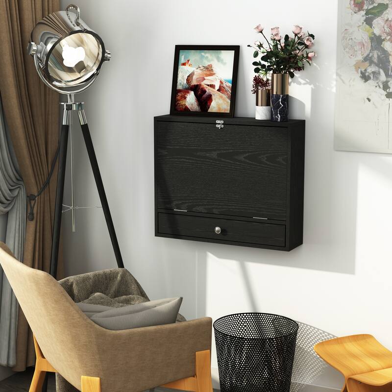 Black Particleboard MDF Wall-Mounted Foldable Desk with Drawer and Grids