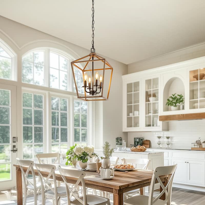 Farmhouse Lantern Chandelier 4-Light E12 Pendant Light, Black Wood