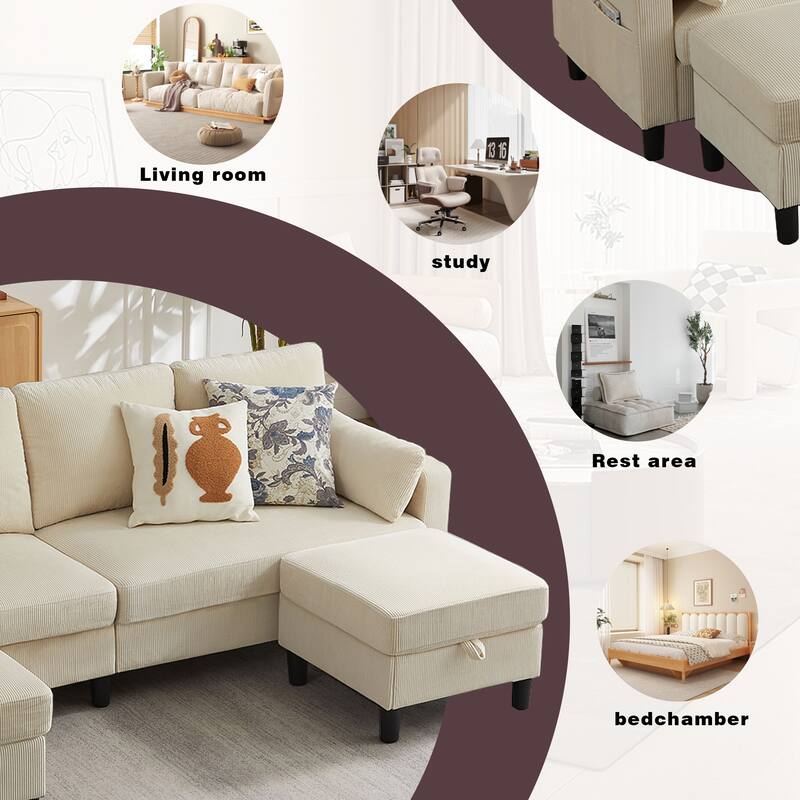 101"Corduroy 3 Piece Living Room Set Including 4 Seater Sofa ,2 Storage Ottoman and Chair