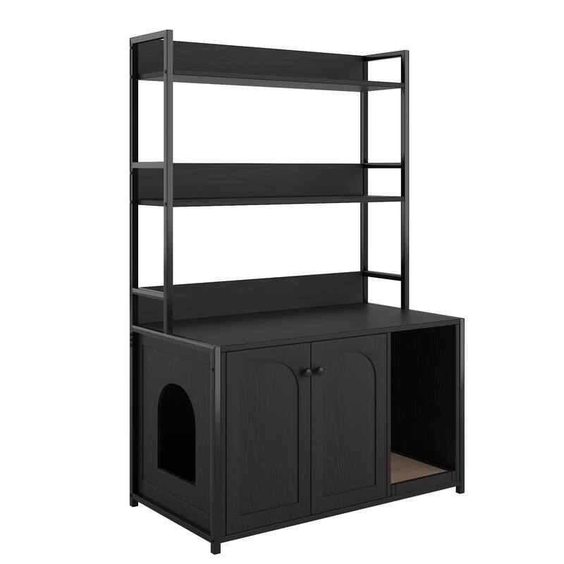 Multi-Functional Cat Litter Box Enclosure, Wooden Cat House with Scratch Pad and Shelf Storage