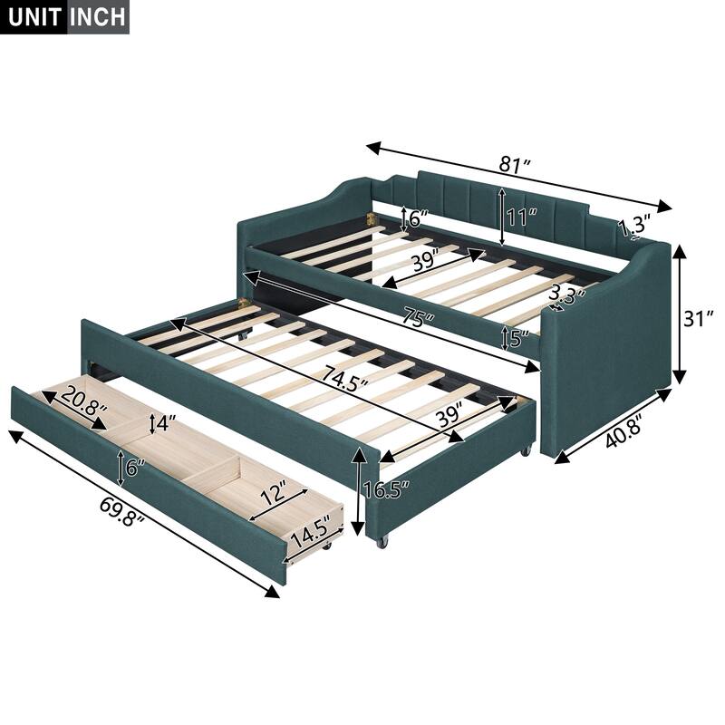 Twin Upholstered Daybed with Trundle and Storage Drawers, Stylish Linen Blend, Ideal for Small Spaces and Guest Rooms