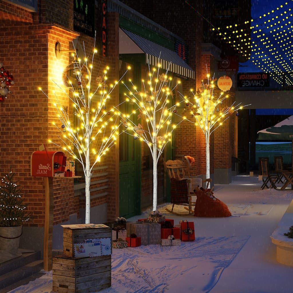 Pre-lit Artificial Tree Birch Tree Christmas Holiday Party Decorations Starlit Tree for Indoor Outdoor Use, 3 Pieces Sets