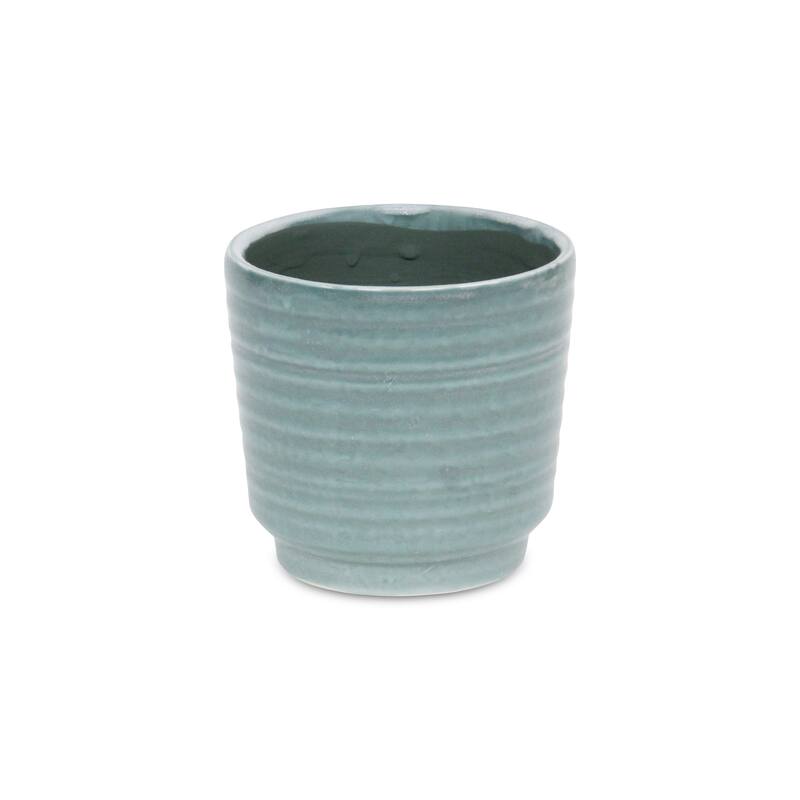 HomeRoots Green Ceramic 23 Ounce Striped Round Distressed Pot Planter - 4.50 in. x 4.25 in. x 4.50 in.
