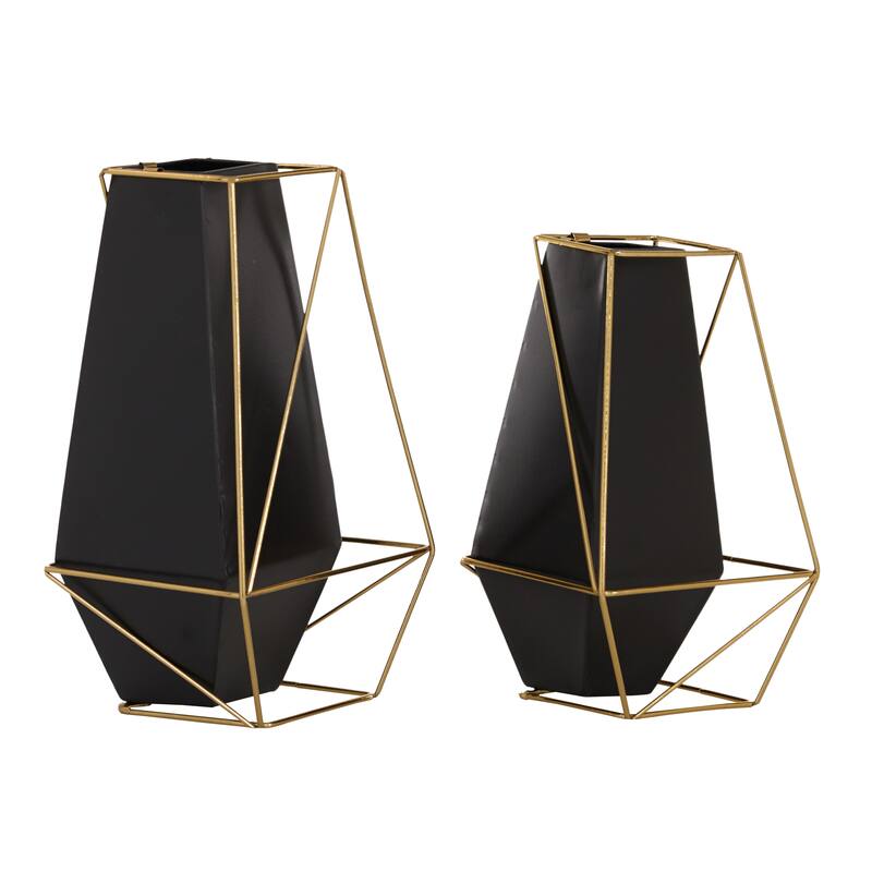Black Metal Decorative Vase with Gold Wire Accents (Set of 2) - 6 x 6 x 11