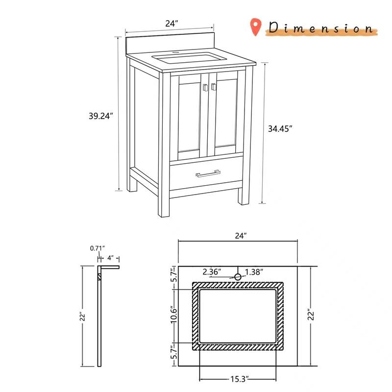 Prismatica 24 in. White Vanity with Countertop & Splash, Single Sink
