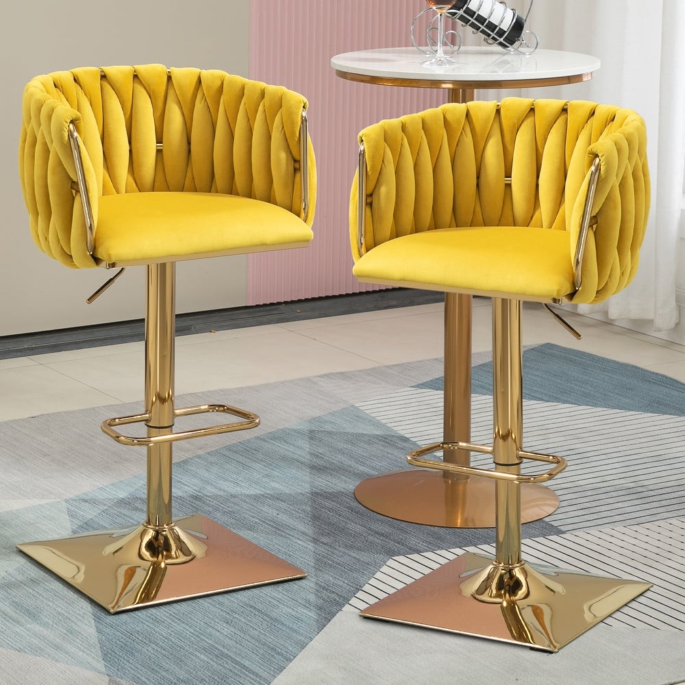 Velvet Upholstered Swivel Adjustable Height Bar Stools With Metal Footrest（set of 2）