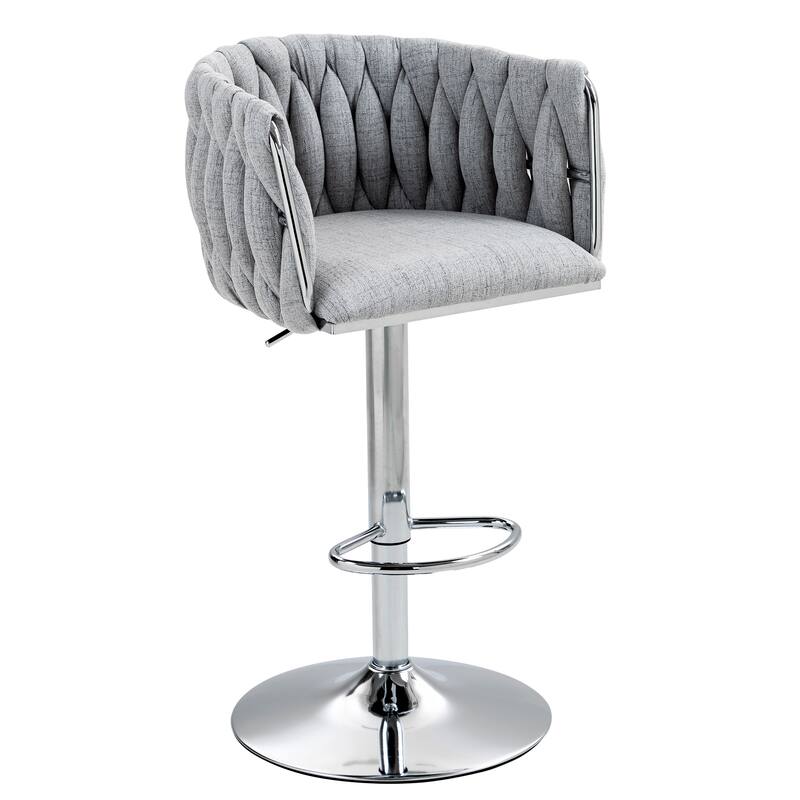 360°Velvet Swivel Bar Stools Set of 2, Adjustable Counter Height Bar Chairs with Woven Back & Footrest, chromed Bar Stools