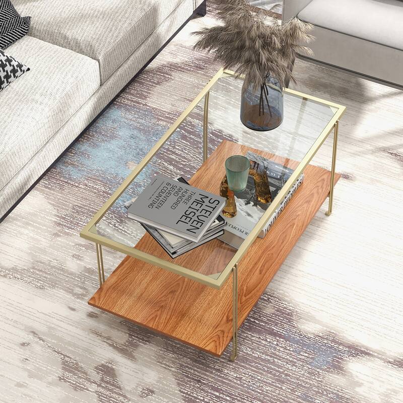 Gymax Coffee Table Rectangle Glass Top w/ Storage Shelf & Gold Steel