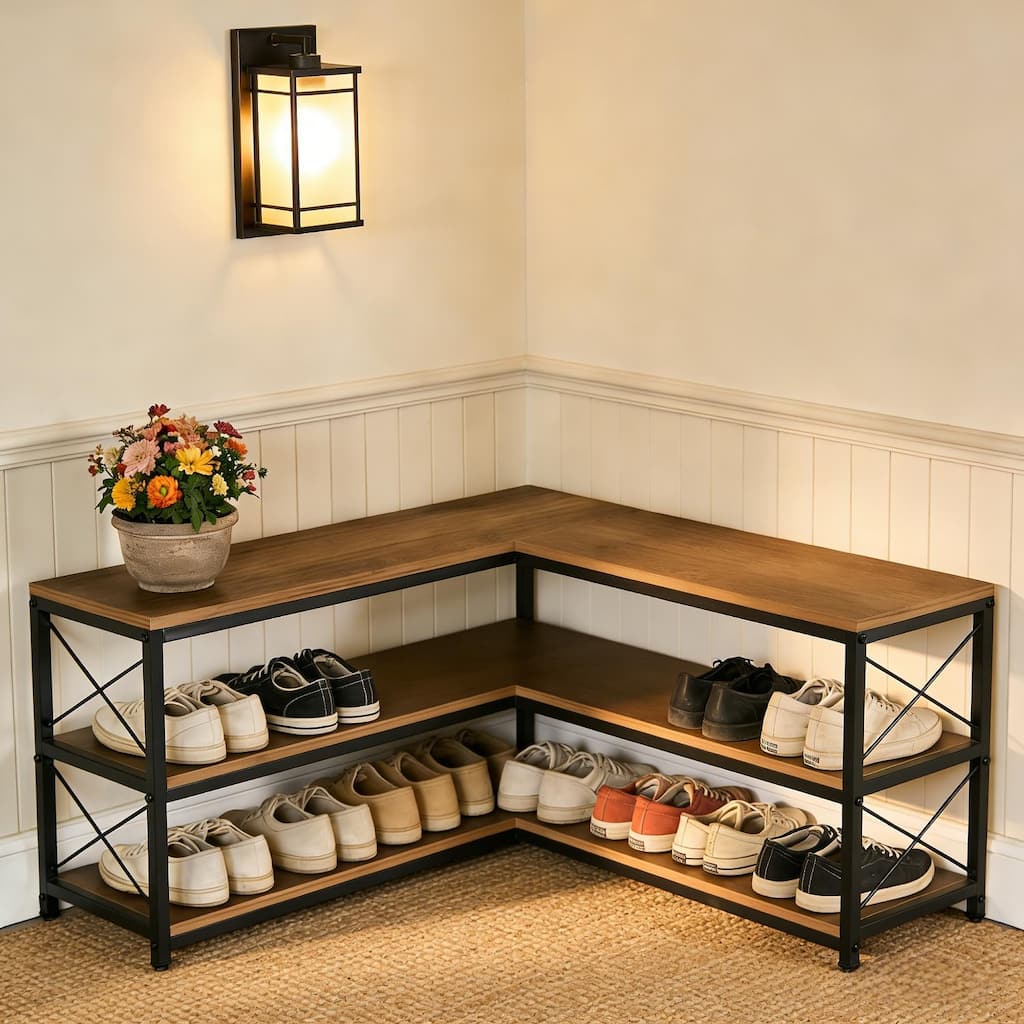 3-Tier Corner Bench, 39.4" L-Shaped Storage Bench for Entryway Bedroom