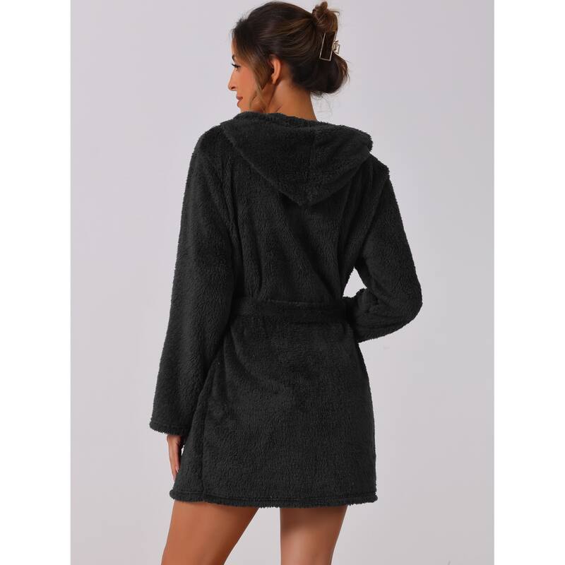 Womens Fuzzy Robe Belted Hooded Fleece Plush Bath Robe Winter Spa Robes with Pockets Mini Bathrobe