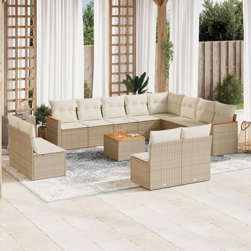 vidaXL Patio Sofa Set with Cushions Outdoor Conversation Furniture Poly Rattan - 24.4 x 24.4 x 27.2 in - Beige with table