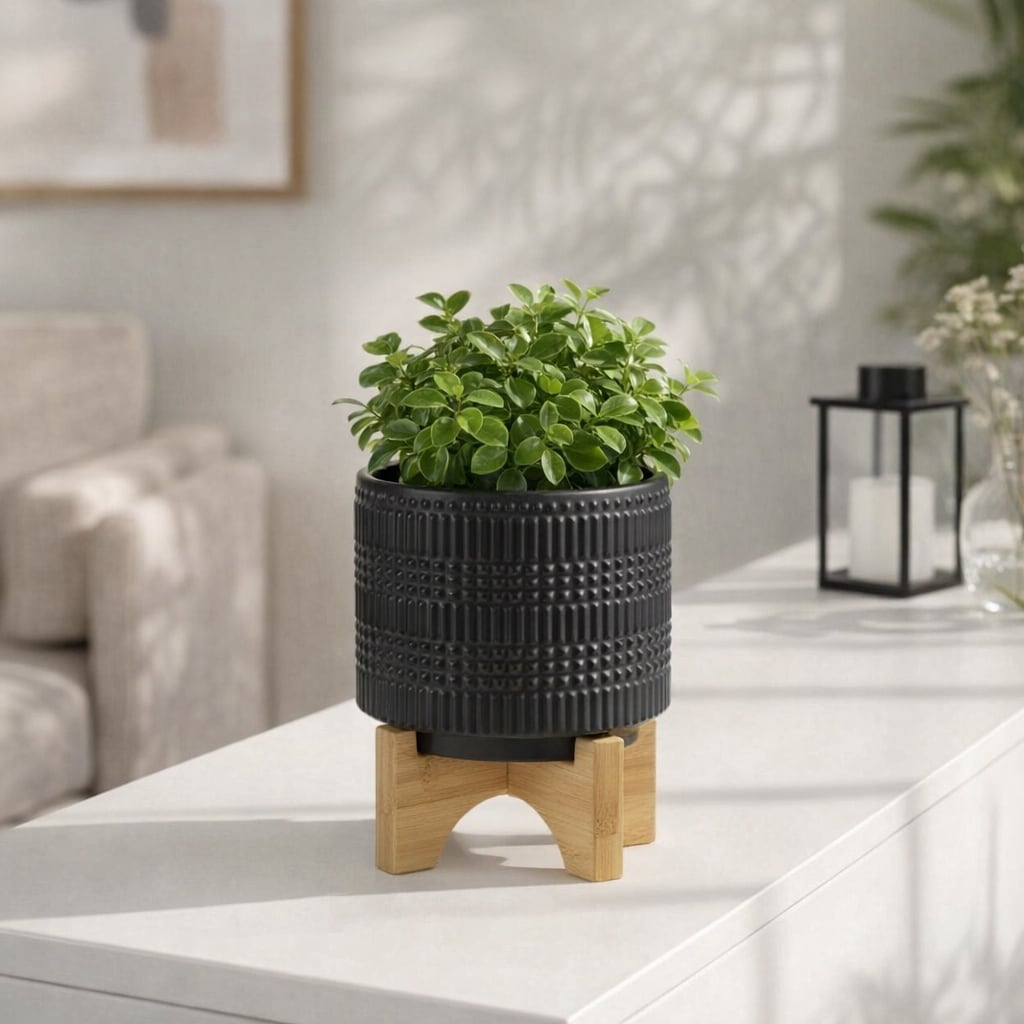 Modern Pattern Ceramic Planter on Stand with Wood Base - Black & Brown