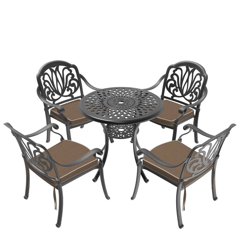 3/5-Piece Cast Aluminum Outdoor Dining Set with 30.71 in. Round Table and Random Color Cushions