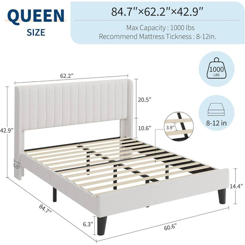 Velvet Upholstered Platform Bed Frame with Tufted Wingback Headboard, No Box Spring Needed