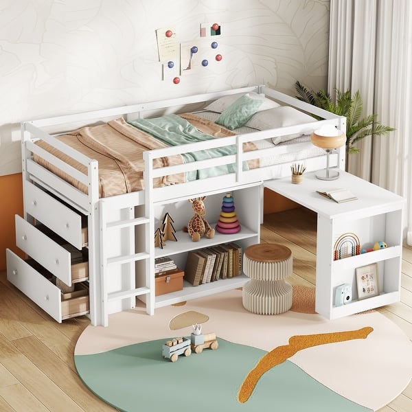 slide 2 of 22, Twin Size Loft Bed with Ladder, Guardrail, Retractable Writing Desk, Drawers and Cabinet Shelves, Low Loft Storage Bed Frame White - Twin