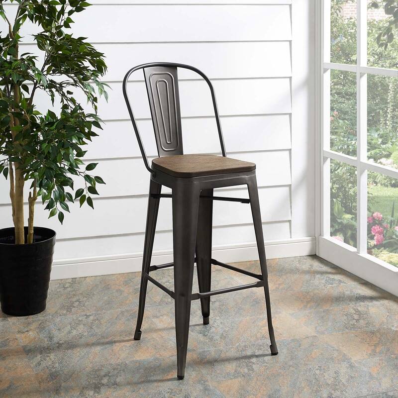 Industrial Modern Steel Bistro Bar Stool With Bamboo Seat in Black
