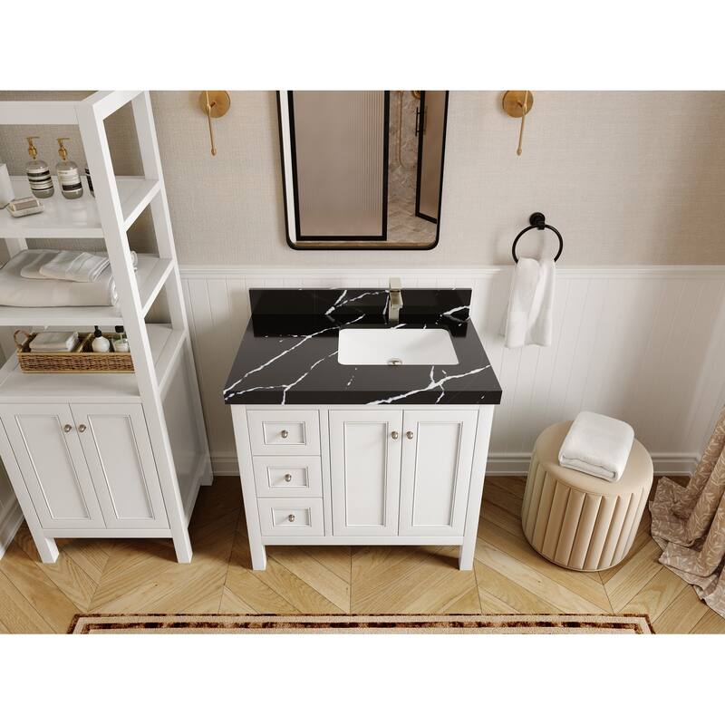Willow Collections 36 in. W x 22 in. D Nashville Right Offset Sink Bathroom Vanity with Countertop - 2"Calacatta Black - White