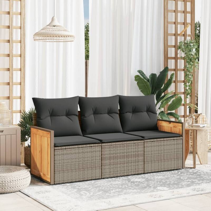 vidaXL Patio Sofa Set with Cushions Outdoor Conversation Furniture Poly Rattan - Grey - 24.4 x 23.2 x 27.2