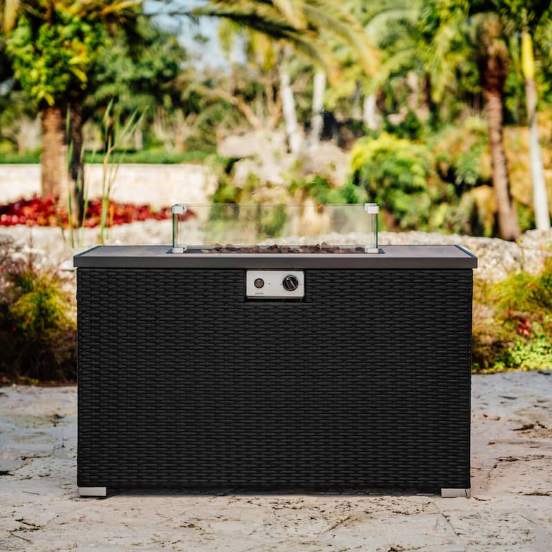 Empyrean Outdoor 43" Wicker Fire Pit Table with Glass Shield - Black