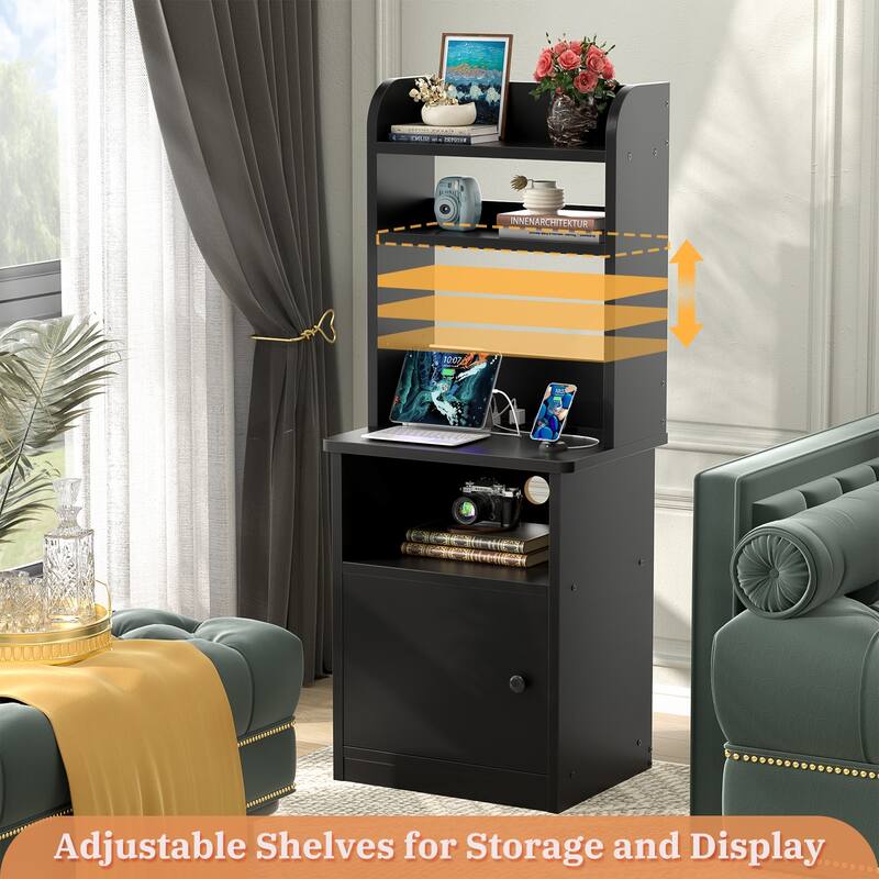 47" Nightstand with Charging Station and LED Lights,Industrial Bedside End Side Table with Adjustable Bookshelf Storage Cabinet