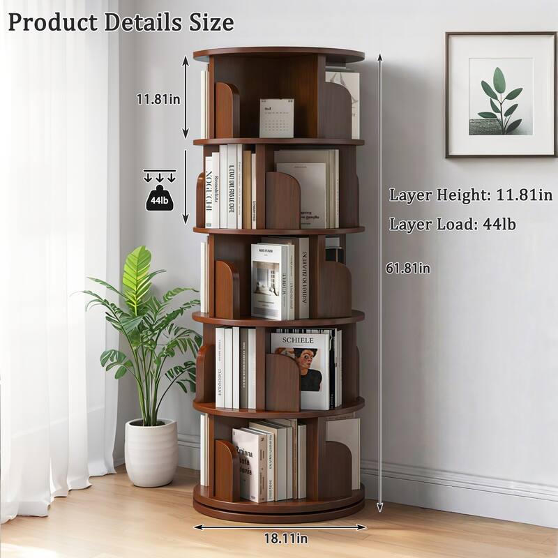 5 Tier Rotating Bookshelf, 360°Display Round Spinning Bookshelf, Space-Saving, Small Space Rotating Bookshelf Tower