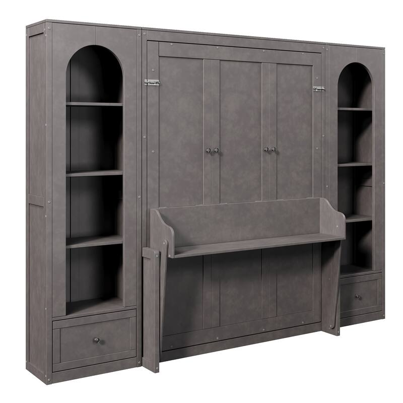 Murphy Bed Queen Size Bookcase Bed Platform Bed with Side Cabinets and 2 Drawers, Elegant French Folding Bed LED Wall Bed
