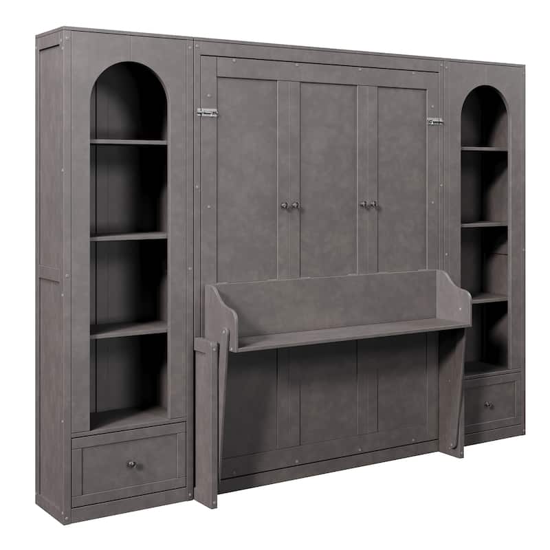 Queen Size Murphy Bed with 2 Arched Cabinets Shelf Built-in Light Strips