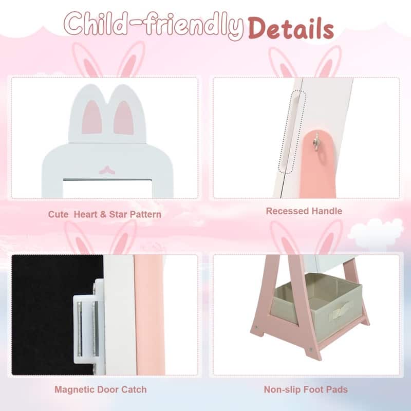 Kids MDF Bunny Jewelry Cabinet In Pink Jewelry Armoire With Mirror, 1 Door And 1 Fabric Drawer