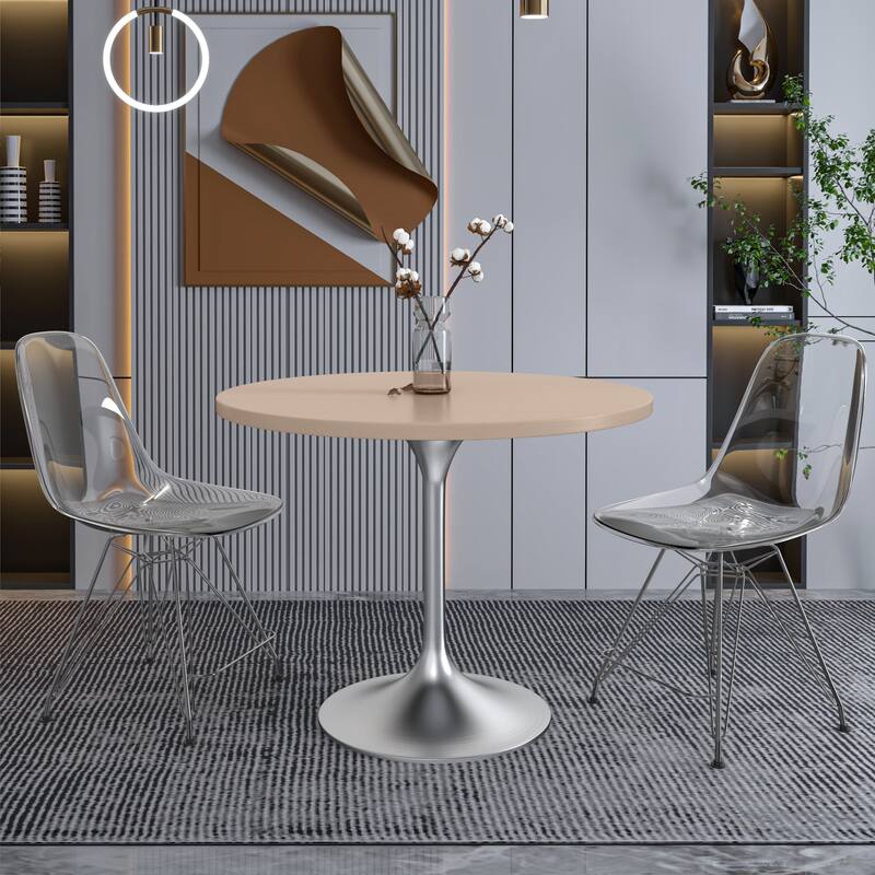 LeisureMod Verve 36" Round Dining Table with MDF Wood TableTop and Brushed Chrome Base for Kitchen & Dining Room