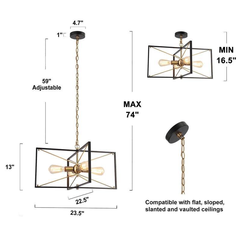 Modern 4-Light Black Gold Chandelier Square Pendant Light for Dining Room - 23.5" L x 22.5" W x 13" H