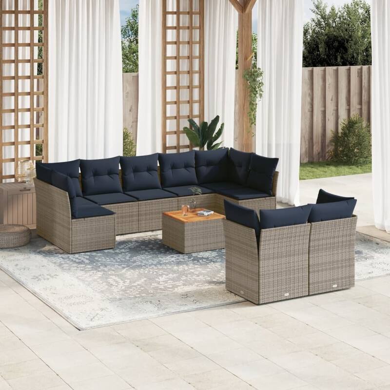 vidaXL Patio Sofa Set with Cushions Outdoor Furniture 10 Piece Poly Rattan - 24.4x 24.4x 27.2 - Grey-form 2