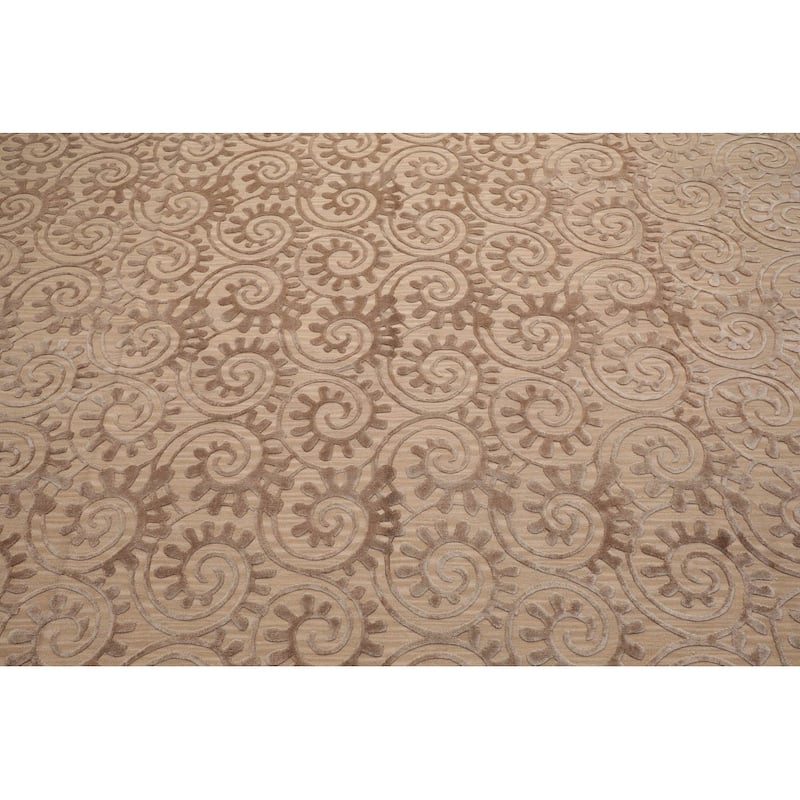 Hand Woven French Aubusson Tan Floral Wool & Silk Modern Area Rug - 9' 2'' x 11' 10''
