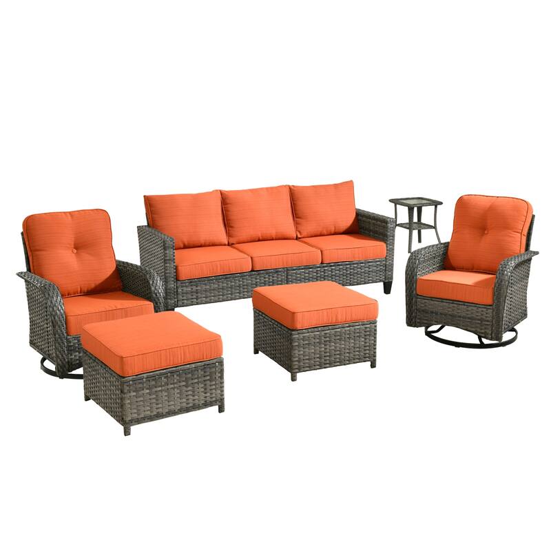 HOOOWOOO 6-piece Grey Wicker Outdoor Swivel Rocking Chair Set for Patio