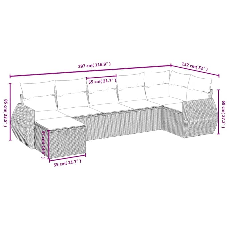 vidaXL Patio Sofa Set with Cushions Outdoor Conversation Furniture Poly Rattan - 24.4" x 24.4" x 27.2"