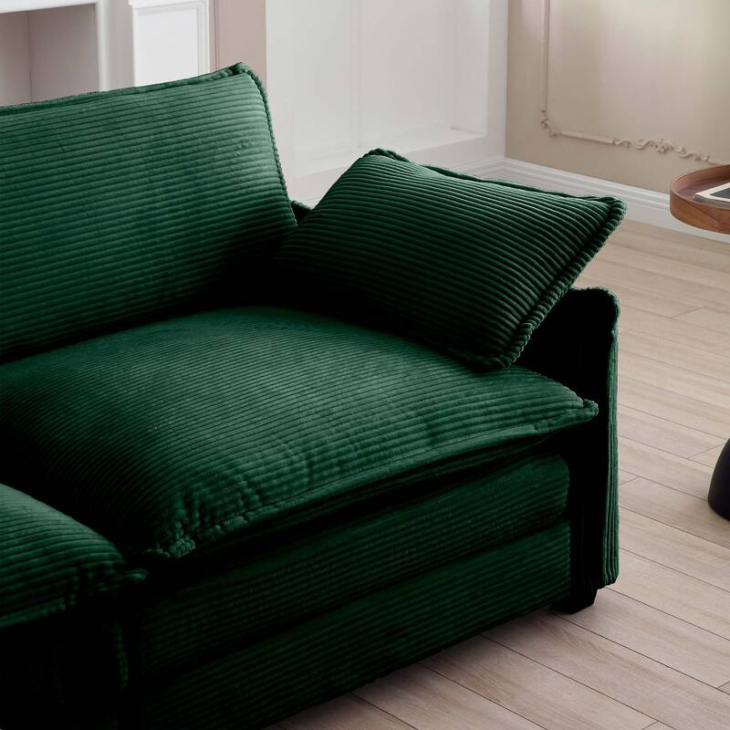 Green 3-piece Corduroy Upholstered L-Shaped Modular Sectional Sofa with Removable Ottoman, 4 Pillows, and Free Combination