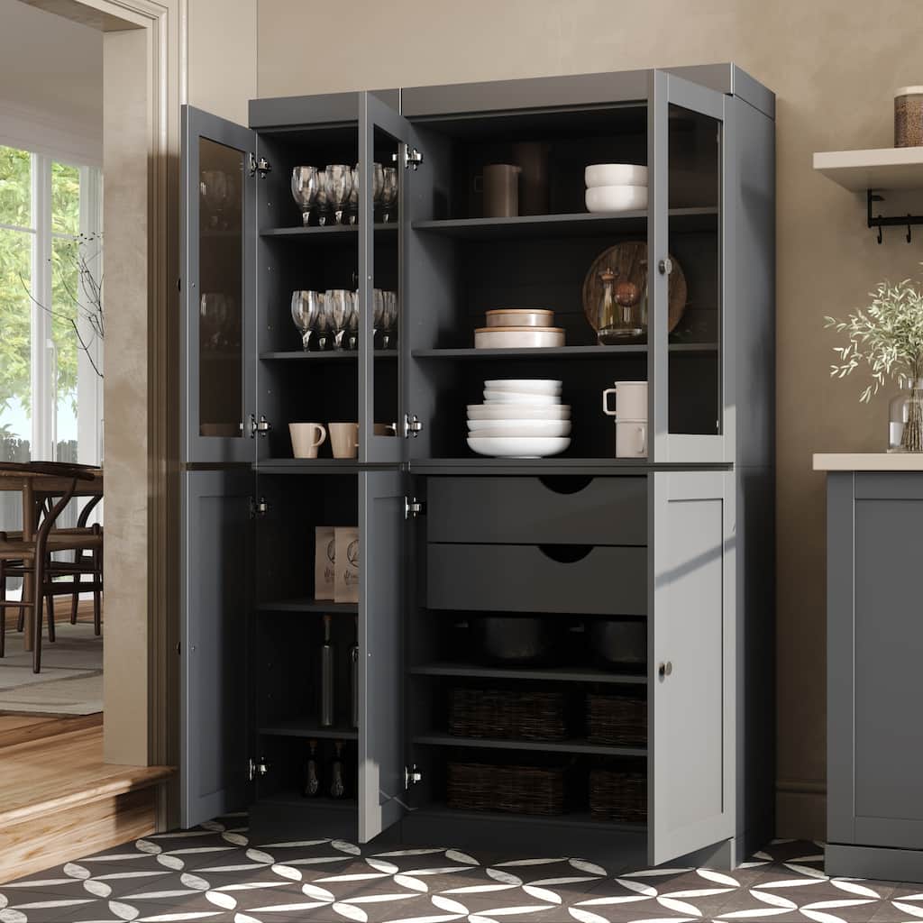 Palace Imports 100% Solid Wood 48.5" Pantry Cabinet with Clear Glass, Shaker Doors, 2-Drawers and Adjustable Shelves