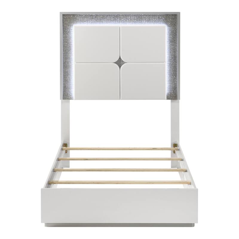 Furniture of America Roon Modern White Wood Panel Bed with LED on Headboard