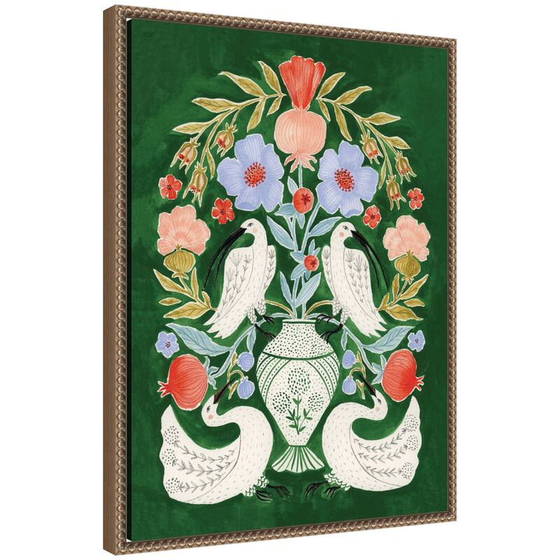 Kate and Laurel Floral Folklore Ibises and Swan by Jill Labieniec Framed Canvas Wall Art Print - 18 x 24 - Gold