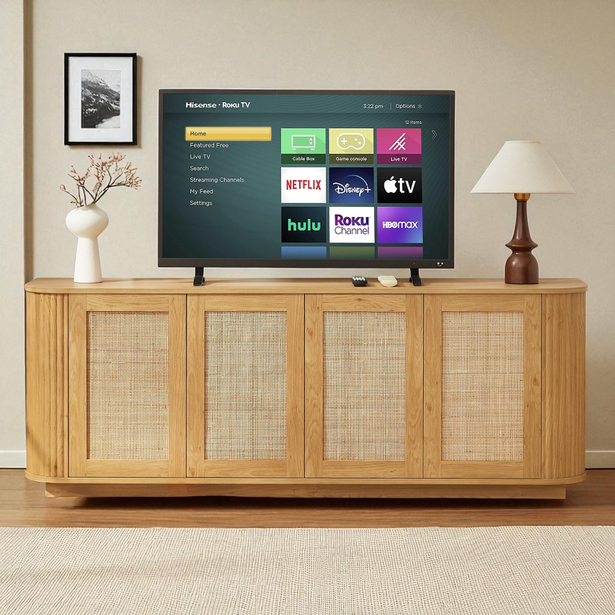 64" Wave Shaped TV Stand with Rattan Doors, Natural Wood Sideboard Buffet Storage Cabinet for Entryway Kitchen Bedroom