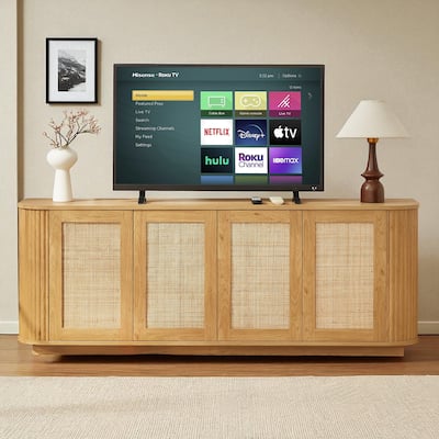 64" Wave Shaped TV Stand with Rattan Doors, Natural Wood Sideboard Buffet Storage Cabinet for Entryway Kitchen Bedroom