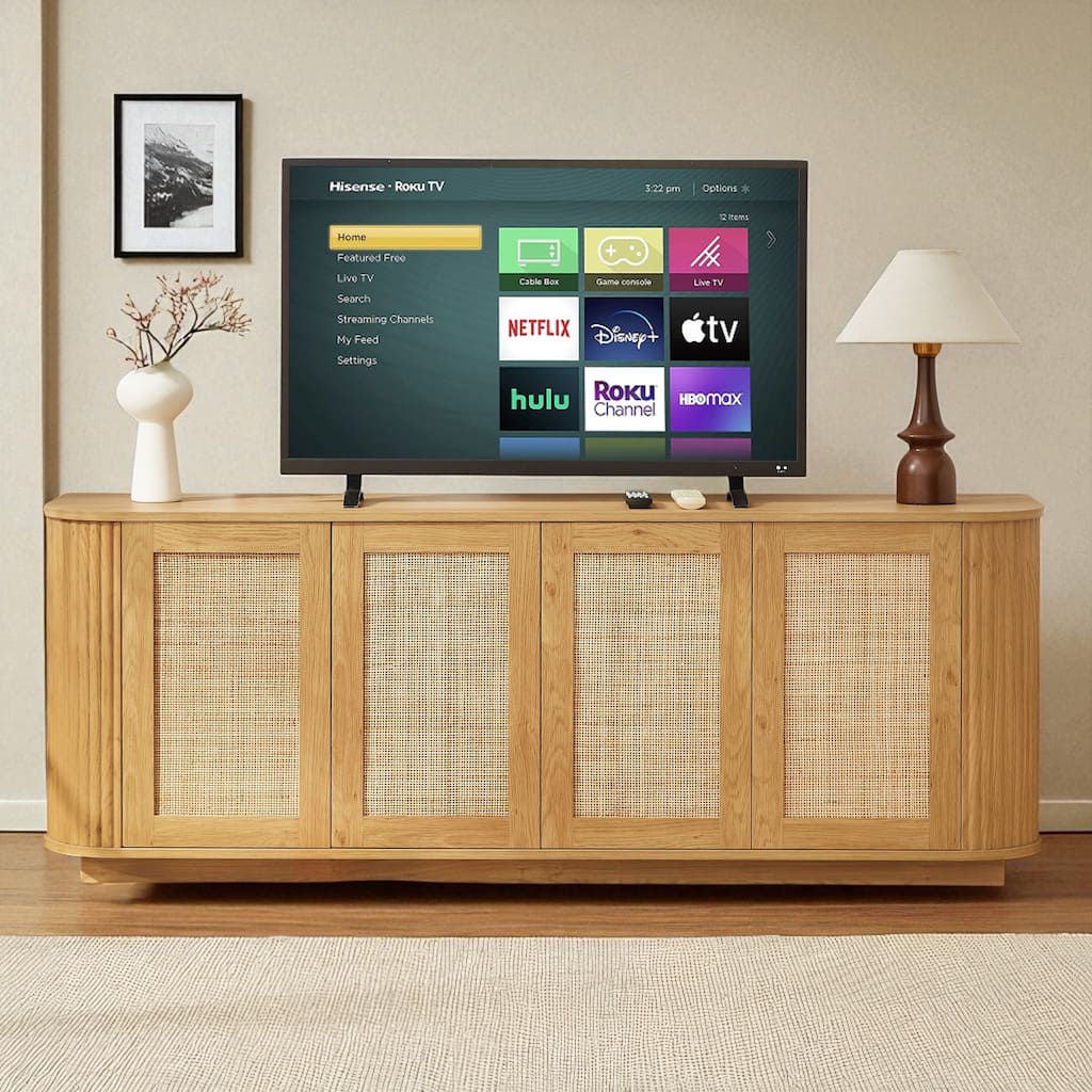 64" Wave Shaped TV Stand with Rattan Doors, Natural Wood Sideboard Buffet Storage Cabinet for Entryway Kitchen Bedroom