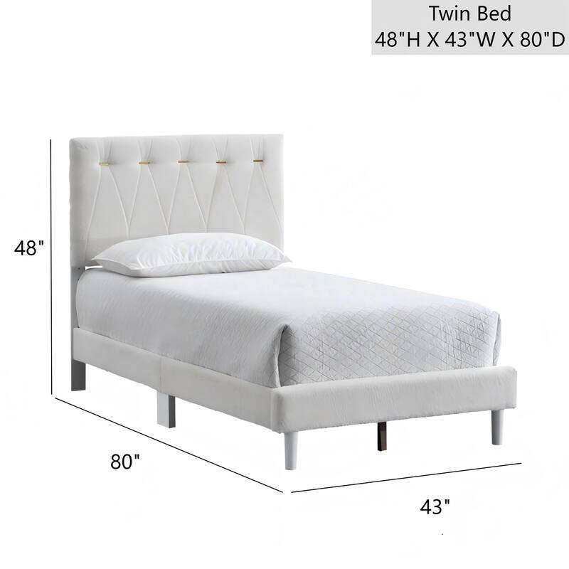 Tufted Twin Bed with Gold Accents, Wheat Fabric, Adjustable Headboard, and Wood Slat Kit